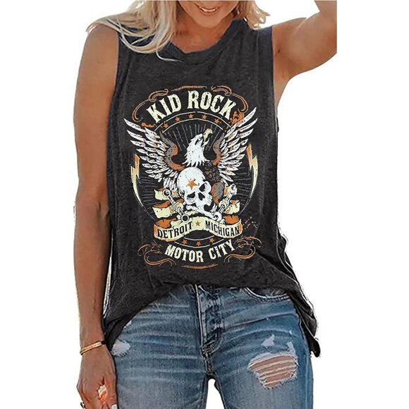 Women's Cotton Blend Skeleton Eagle Tank Top Vintage Music Sleeveless Casual - Picture 2 of 3